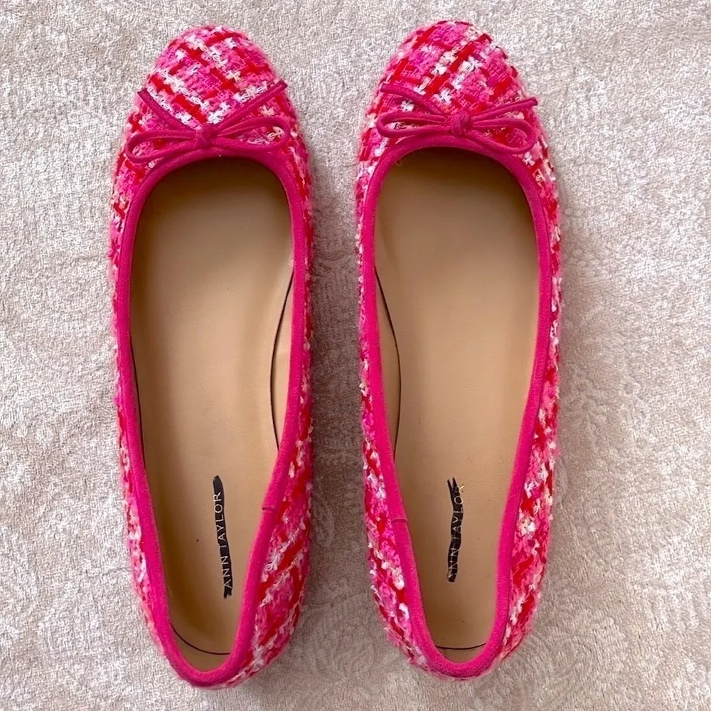 Brand New Ann Taylor Pink Tweed Ballet Flats Bow 1/2